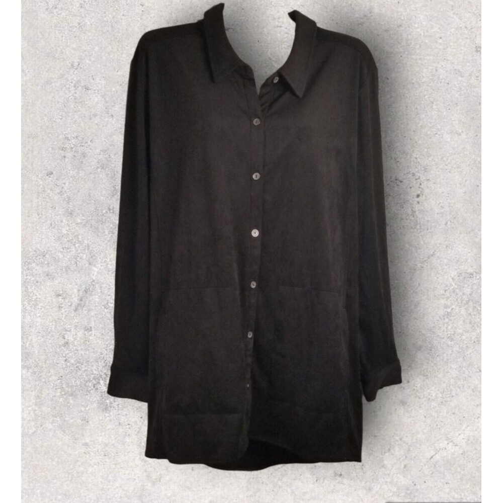 Susan Graver Women's Black Faux Suede Shirt Button Long Sleeve Size Petite Large